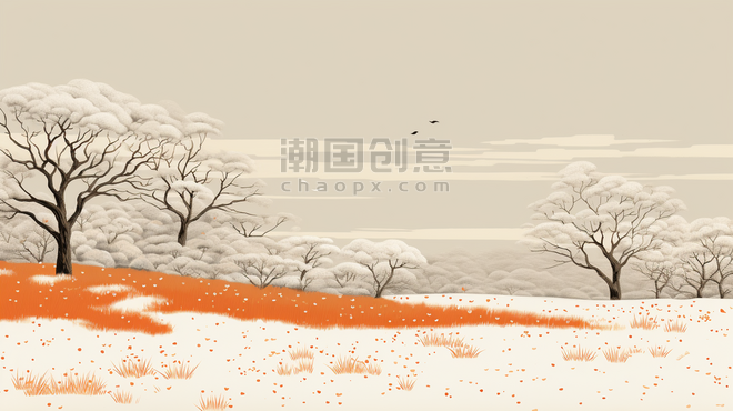 潮国创意橙色冬季雪景插画24冬天中式简约持续