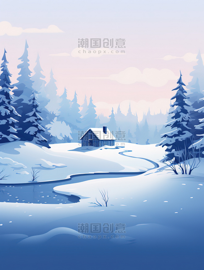 潮国创意白雪包围的冬季小屋9冬天雪景卡通森林扁平插画