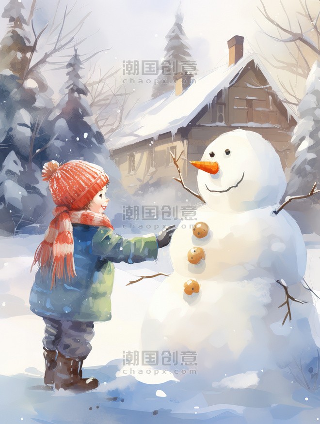 潮国创意院子里的雪人和小男孩1堆雪人冬天