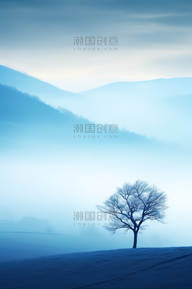 创意浅蓝色雾蒙蒙孤独的树1大雾意境抽象植物风景