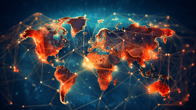 潮国创意世界地图连接社交网络全球化商业社交媒体网络概念数据地球