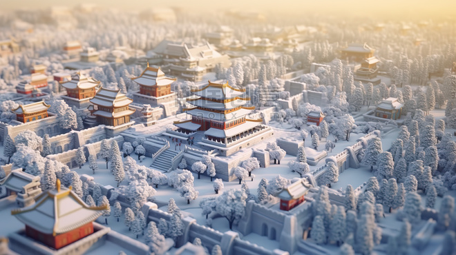 潮国创意等距视图北京城市的冬天8雪景大雪