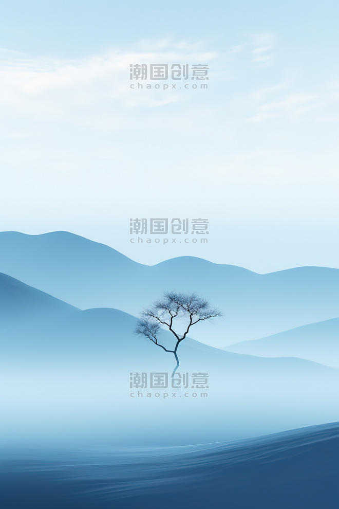 创意浅蓝色雾蒙蒙孤独的树3大雾意境抽象植物风景清冷感冬天