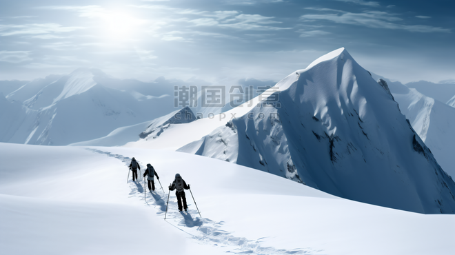 潮国创意雪山上的攀登滑雪者冬天冬季高山风景爬山登山