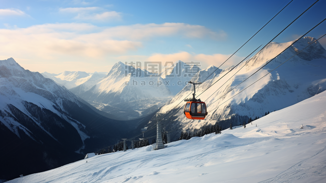 潮国创意冬日雪地滑雪场缆车冬天冬季高山风景