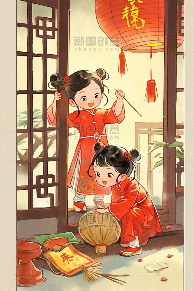 潮国创意孩子手绘扫除古典插画年俗春节过年