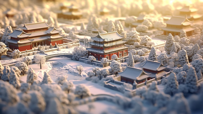 潮国创意等距视图北京城市的冬天15雪景大雪
