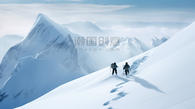 潮国创意雪山上的攀登滑雪者冬天冬季大雪雪景高山雪山