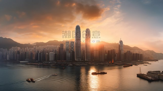 潮国创意香港维多利亚港日出全景航拍城市建筑