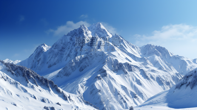 潮国创意白天蓝天下白雪覆盖的巍巍山脉冬天冬季大雪雪景高山雪山