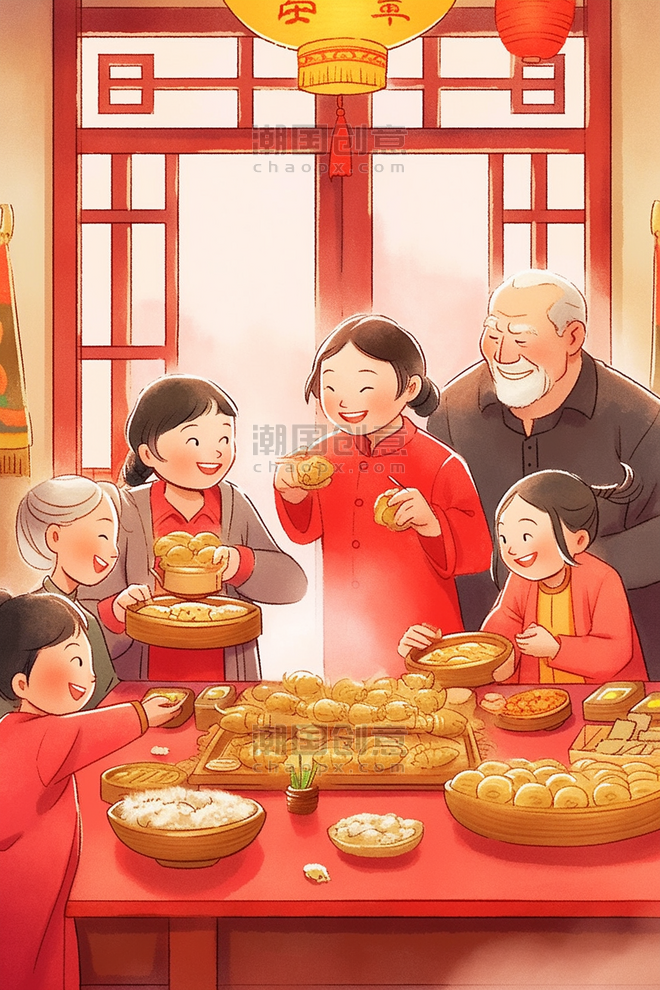 潮国创意插画一家人团圆包饺子手绘年俗春节过年除夕夜