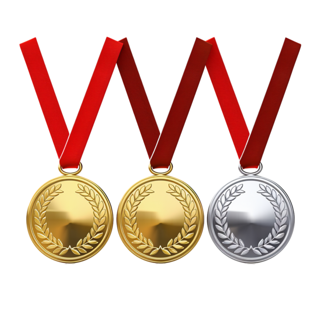 潮国创意颁发金银和铜质空白奖牌，用丝带现实插图，第一，第二和第三名奖牌，桂叶质量空白，空白徽章徽章，红丝带