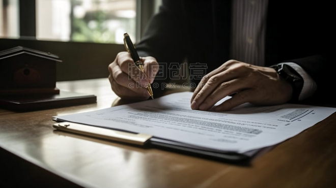 潮国创意关于律师或房地产代理坐在办公桌旁商务办公签合约