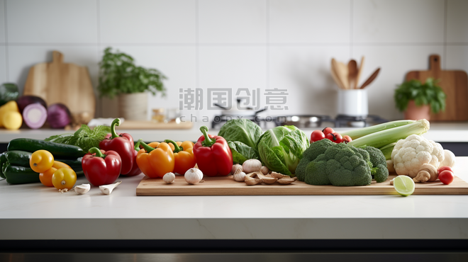 潮国创意厨房桌面上有一堆新鲜蔬菜4