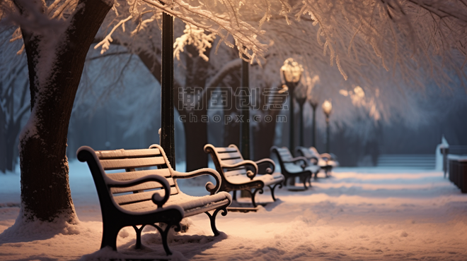 潮国创意冬日街灯下的长椅雪景大雪下雪公园长椅