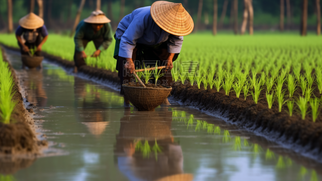 潮国创意种植水稻幼苗的农民春耕农业种地