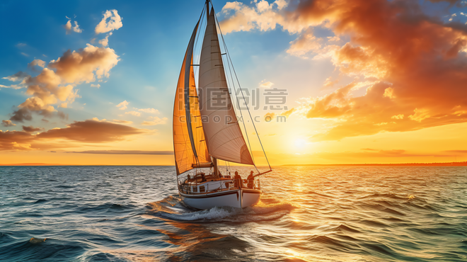 潮国创意夕阳下航行帆船游艇航海旅行假期起航
