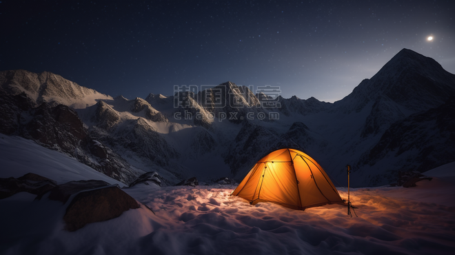 潮国创意夜间在雪山脚下露营搭帐篷1
