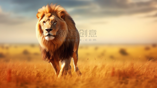 潮国创意田野上的狮子骄傲动物雄狮