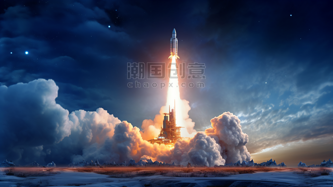潮国创意火箭发射到蓝色的星空太空航天科技