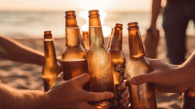 潮国创意一群朋友在海滩上碰杯啤酒聚会