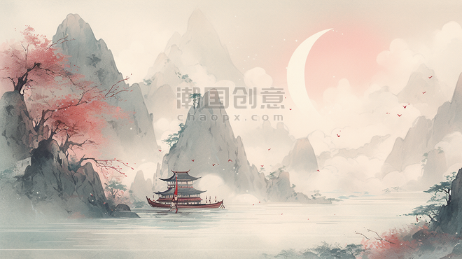 潮国创意唯美传统中国风山水风景插画5