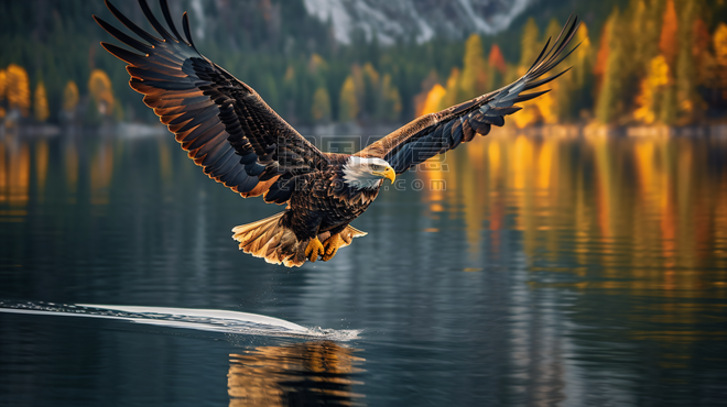 潮国创意鹰在平静的水面上飞翔飞鹰动物
