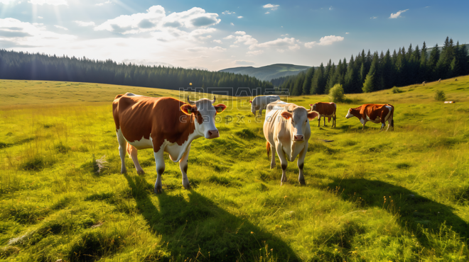 潮国创意在草地上吃草的牛草原放牧动物畜牧业
