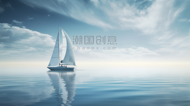 潮国创意白天海上的白色帆船航行起航大海