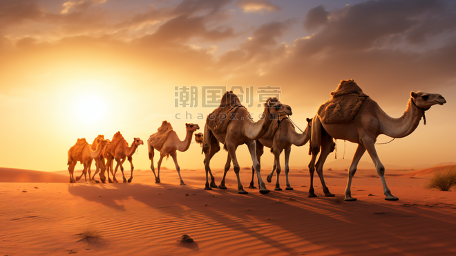 潮国创意一群骆驼在沙漠中行走敦煌丝绸之路