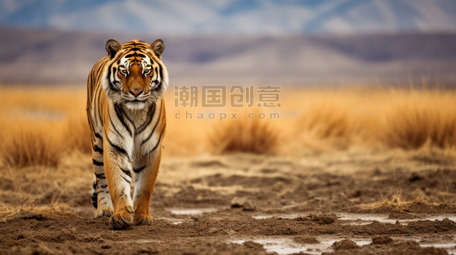 潮国创意一只站在旱地上的成年老虎动物