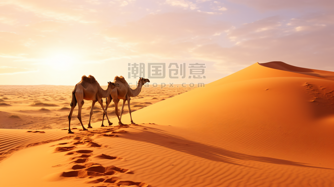 潮国创意一对骆驼在沙漠中行走敦煌丝绸之路