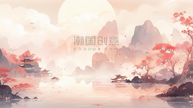 潮国创意唯美传统中国风山水风景插画10