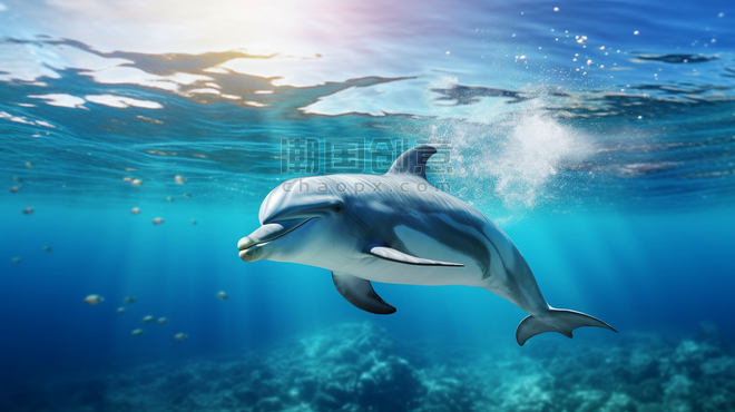 潮国创意一只在水中游泳的海豚海洋生物