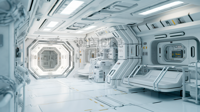 潮国创意太空中的空间站3D场景灰白色简约科幻空间