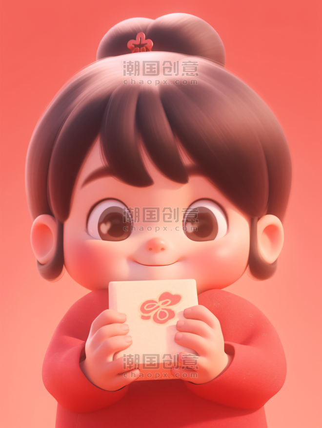 潮国创意春节可爱的小女孩拿着红包3D人物礼物拜年
