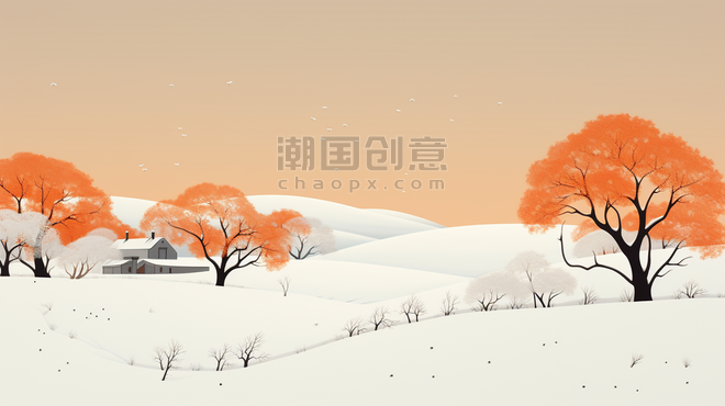 潮国创意橙色冬季雪景插画12简约意境