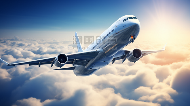 潮国创意蓝天白云和空中的飞机交通工具