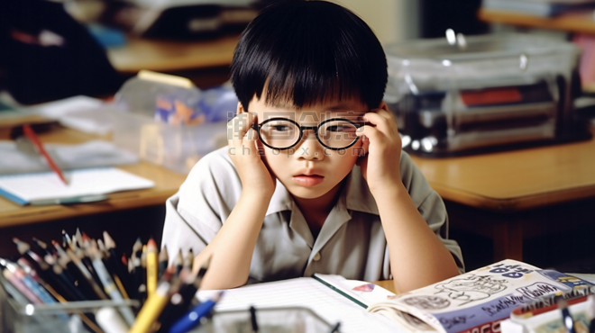 潮国创意面对作业苦恼的小学生戴眼镜教育课堂上课