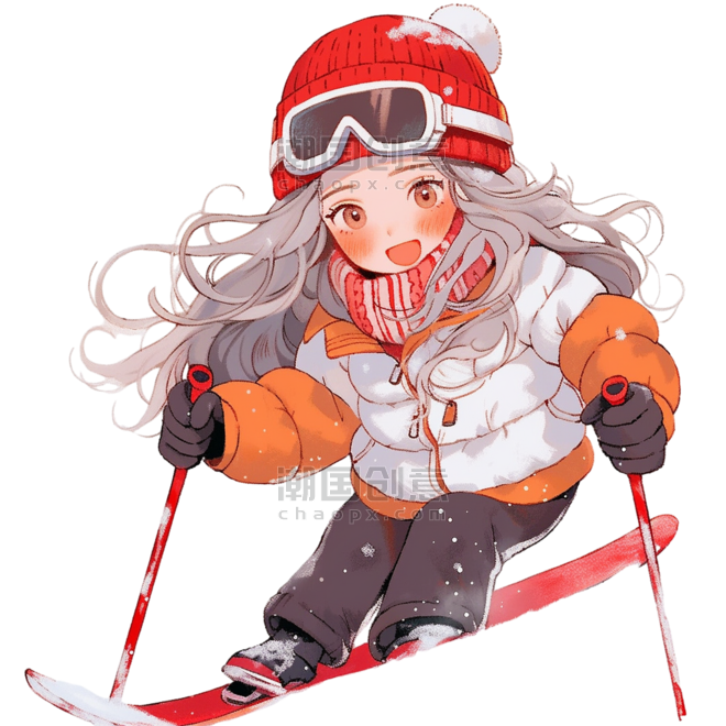 潮国创意冬天手绘可爱的女孩滑雪卡通元素
