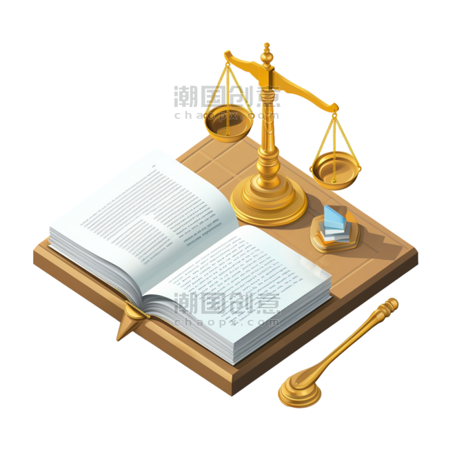 潮国创意法律由木槌、法典书、《圣经》和司法刻度符号等组成