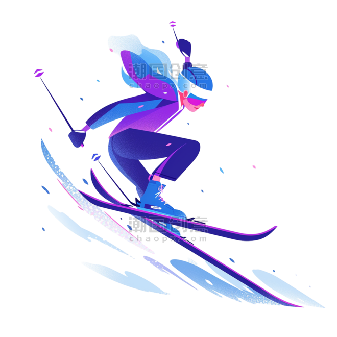 潮国创意滑雪喝彩运动员亚运会蓝色扁平风运动体育