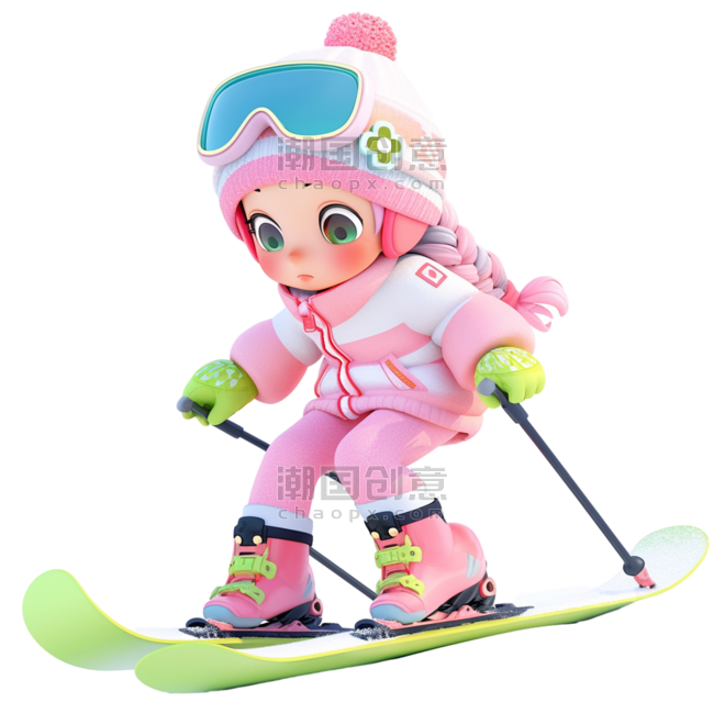 潮国创意冬天滑雪可爱女孩3d免抠元素