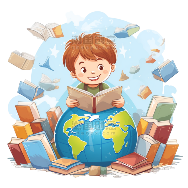 潮国创意快乐的孩子在世界各地看书