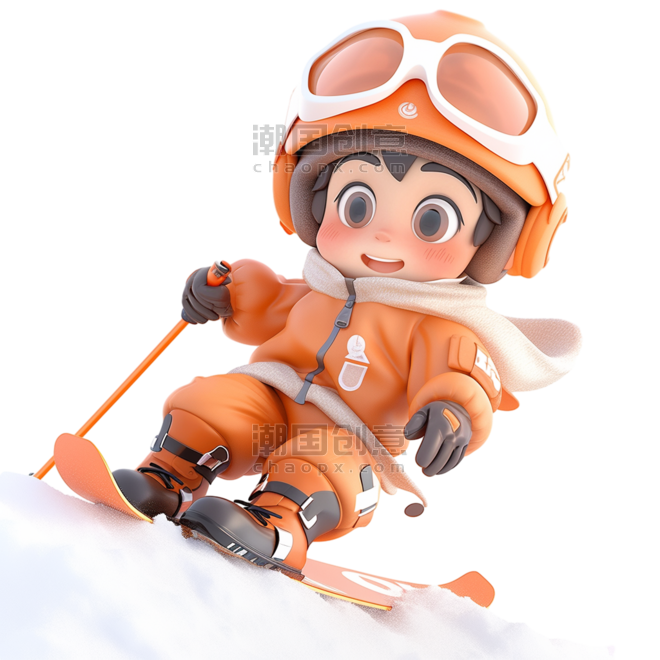 潮国创意可爱的男孩免抠元素滑雪3d