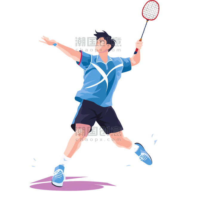 潮国创意扁平卡通亚运会运动人物一男子打羽毛球