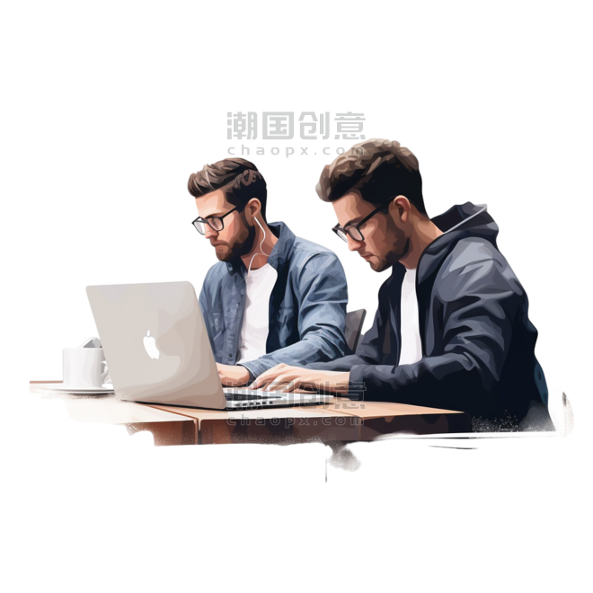 潮国创意两个男人坐在桌子旁用笔记本电脑工作商务办公