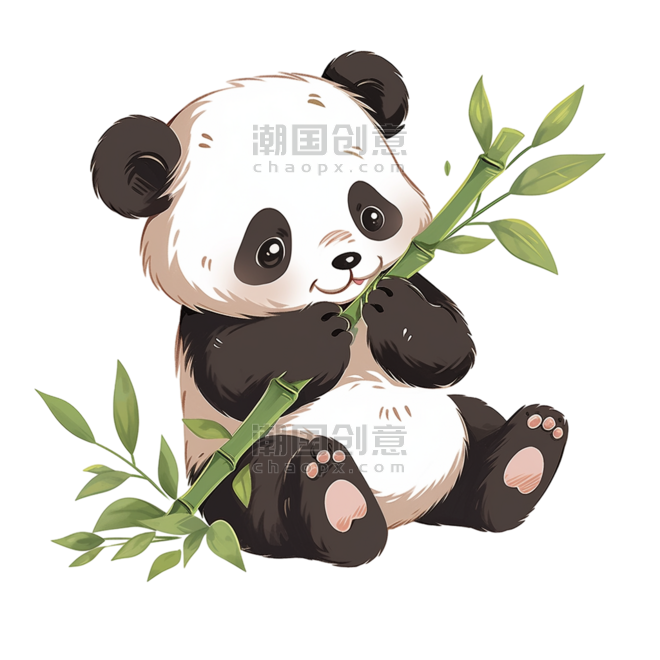 潮国创意卡通熊猫吃竹子手绘元素