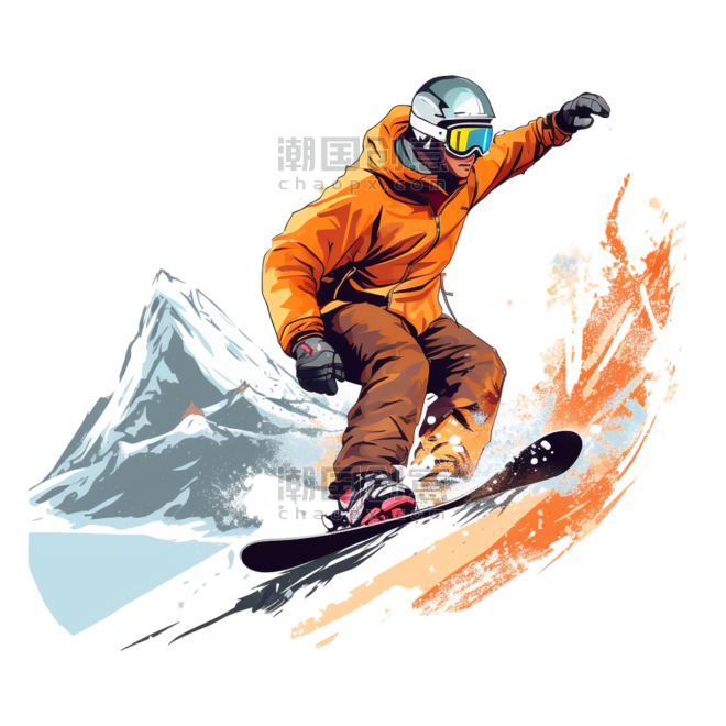 潮国创意单板滑雪者在山中滑雪