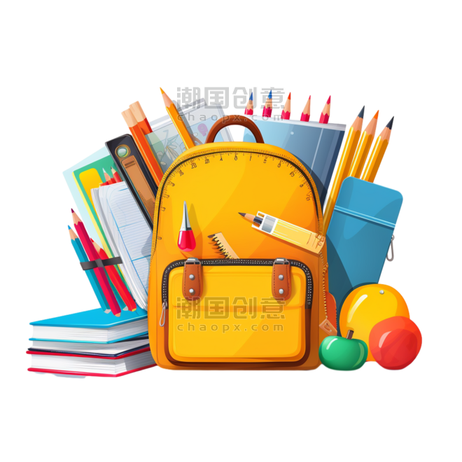 潮国创意回学校去学生背包里有教学用品书铅笔和尺子